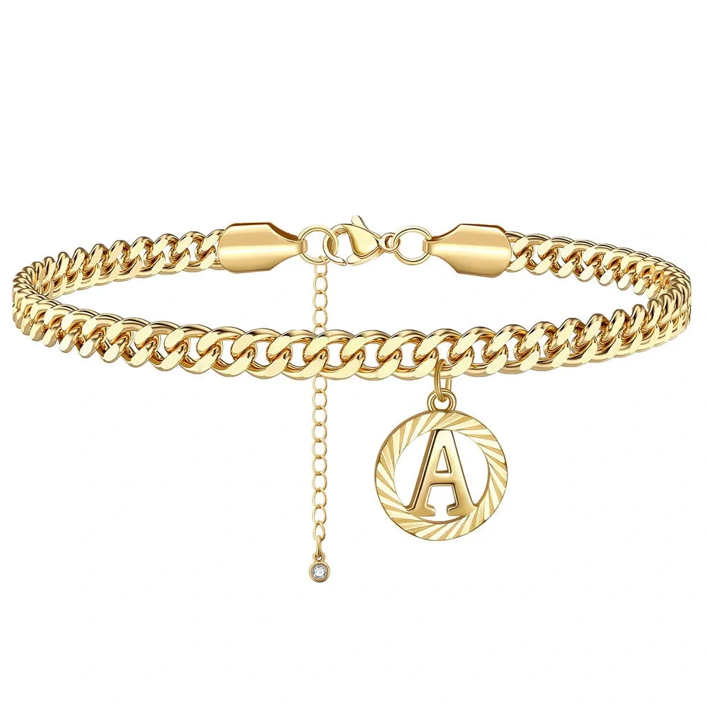 14K Gold Plated Cuban Link Anklets with Initial Pendant