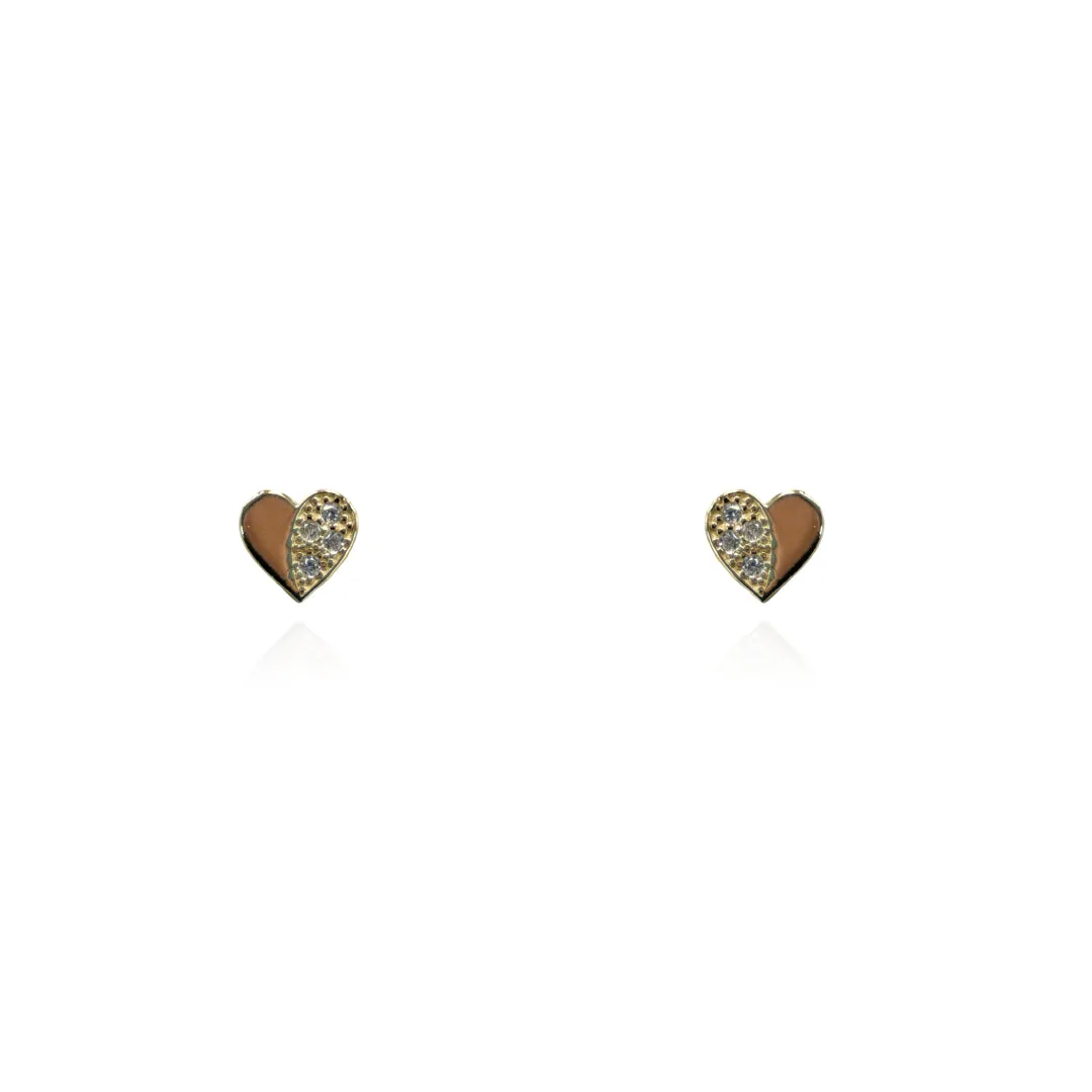 14K Gold Small Heart Screwback Earrings With Half CZ Half Gold Design