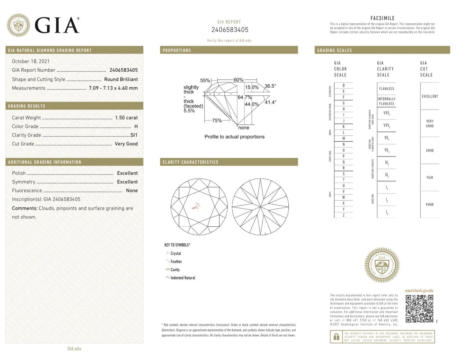 1.50ctw H/SI1 Round Diamond GIA #2406583405