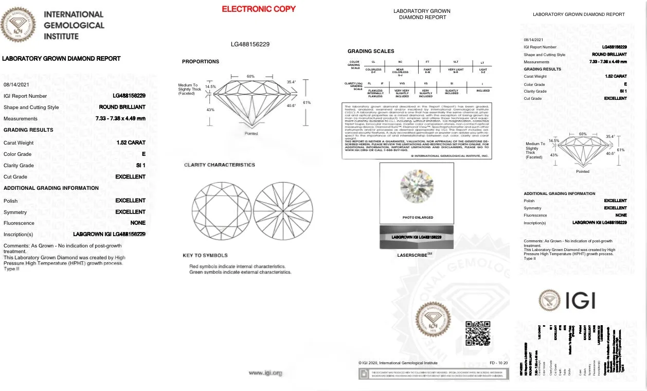 1.52ct E/SI1 RBC Lab Created Diamond IGI#488156229