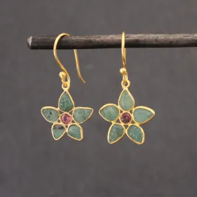 18ct Gold Vermeil Emerald & Ruby Flower Drop Earrings