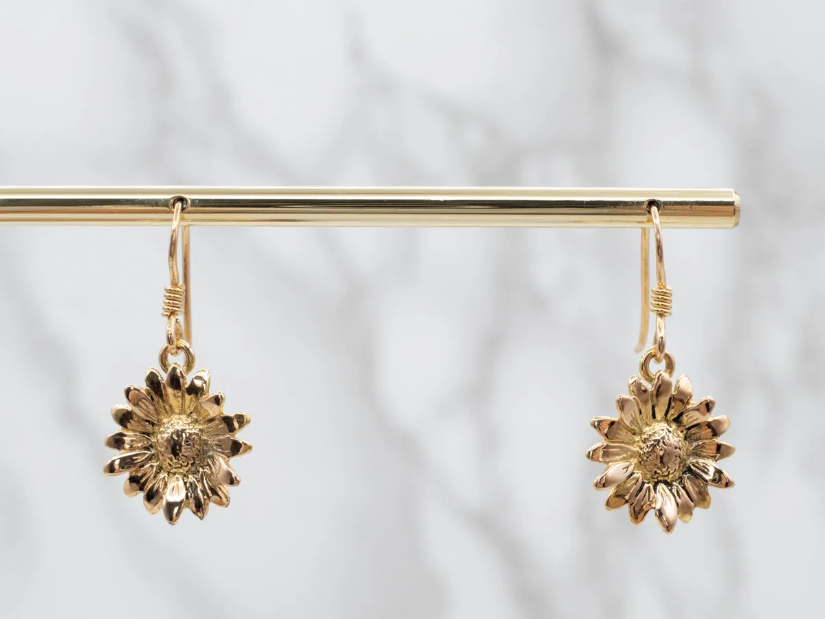 18K Yellow Gold Sunflower Drop Earrings