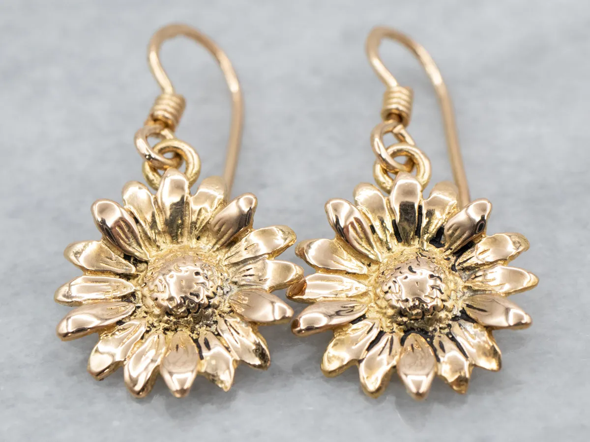 18K Yellow Gold Sunflower Drop Earrings