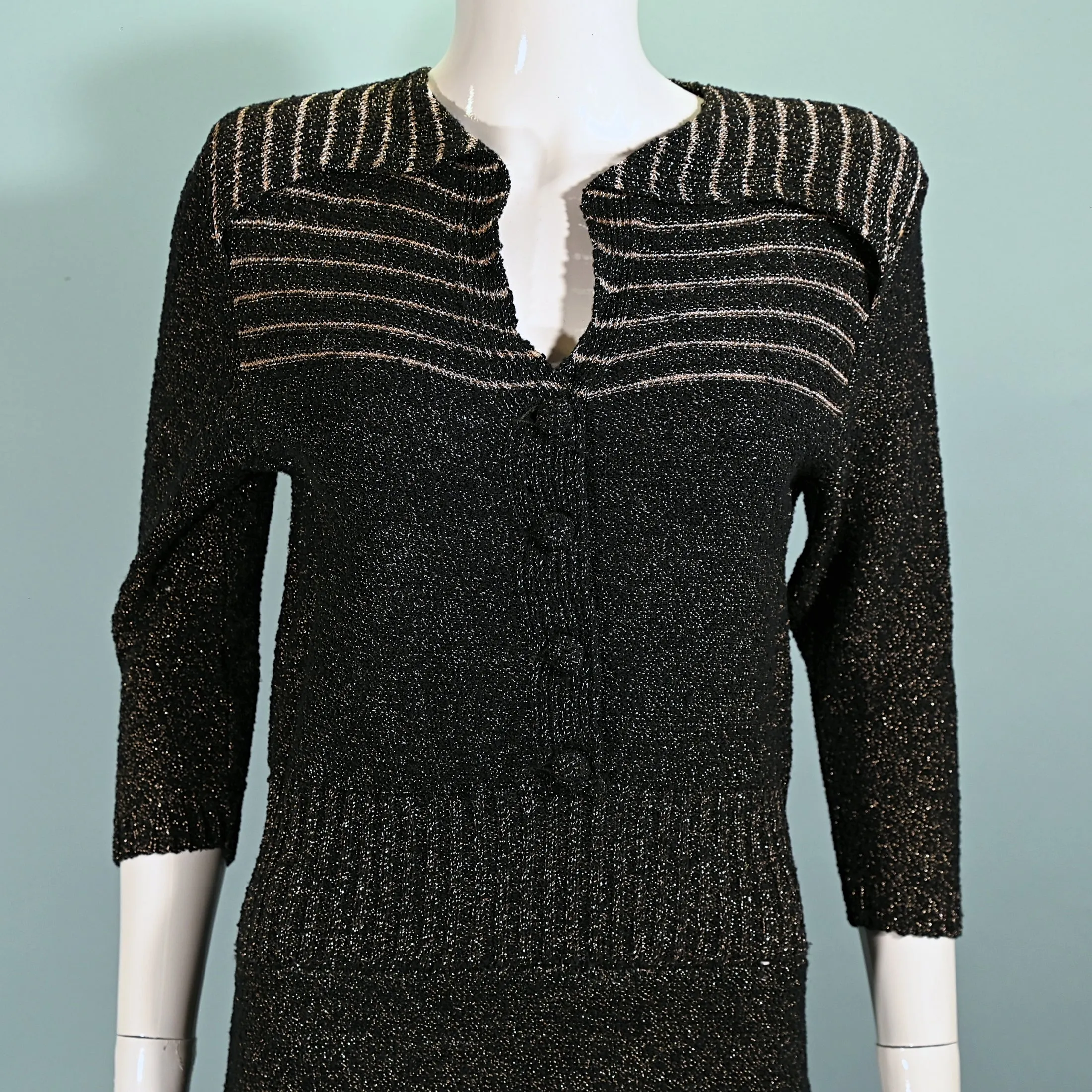 40s Black/Gold Knit Sweater Dress,50s Black Boucle Knit Dress M