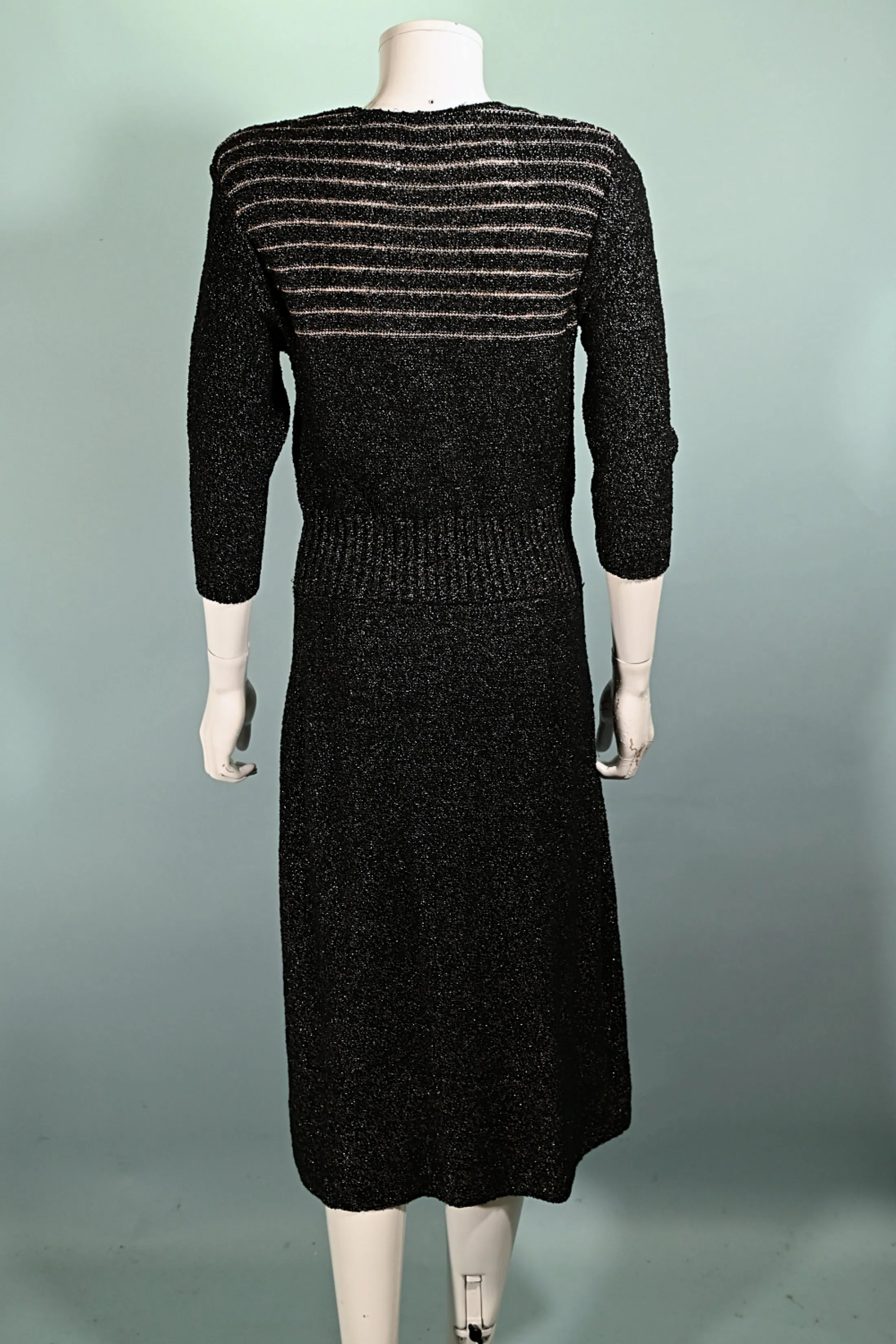 40s Black/Gold Knit Sweater Dress,50s Black Boucle Knit Dress M