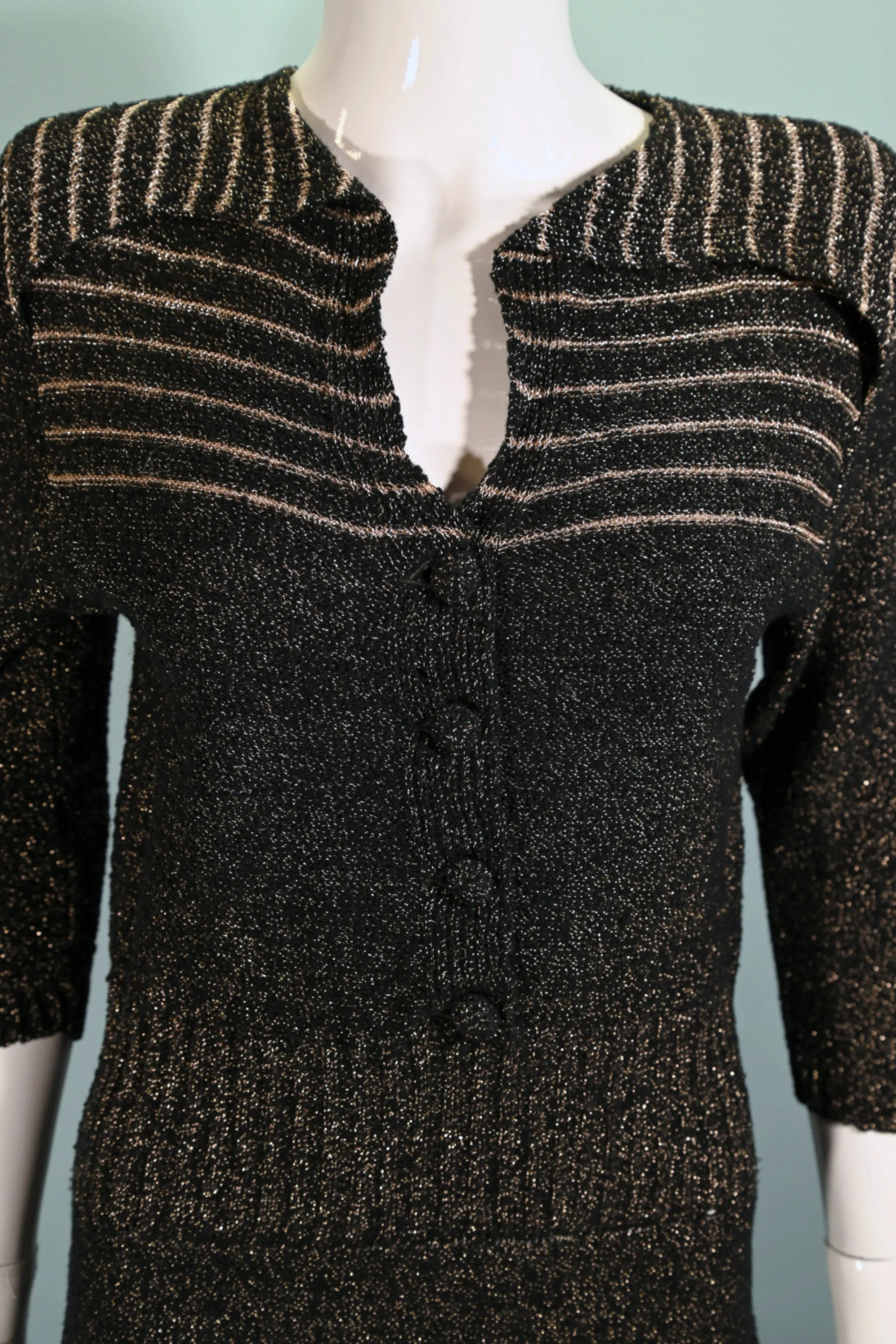 40s Black/Gold Knit Sweater Dress,50s Black Boucle Knit Dress M