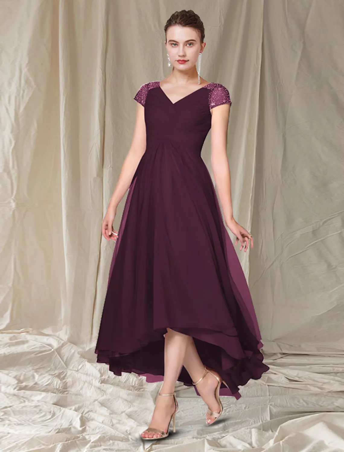 A-Line Mother of the Bride Dress Elegant High Low V Neck Asymmetrical Ankle Length Chiffon Cap Sleeve with Pleats Beading Sequin