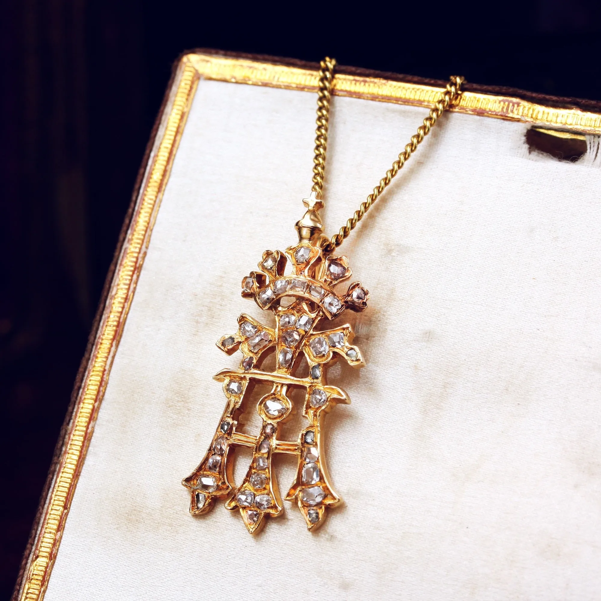 An Antique Diamond Initial 'A' Pendant with Cross & Coronet