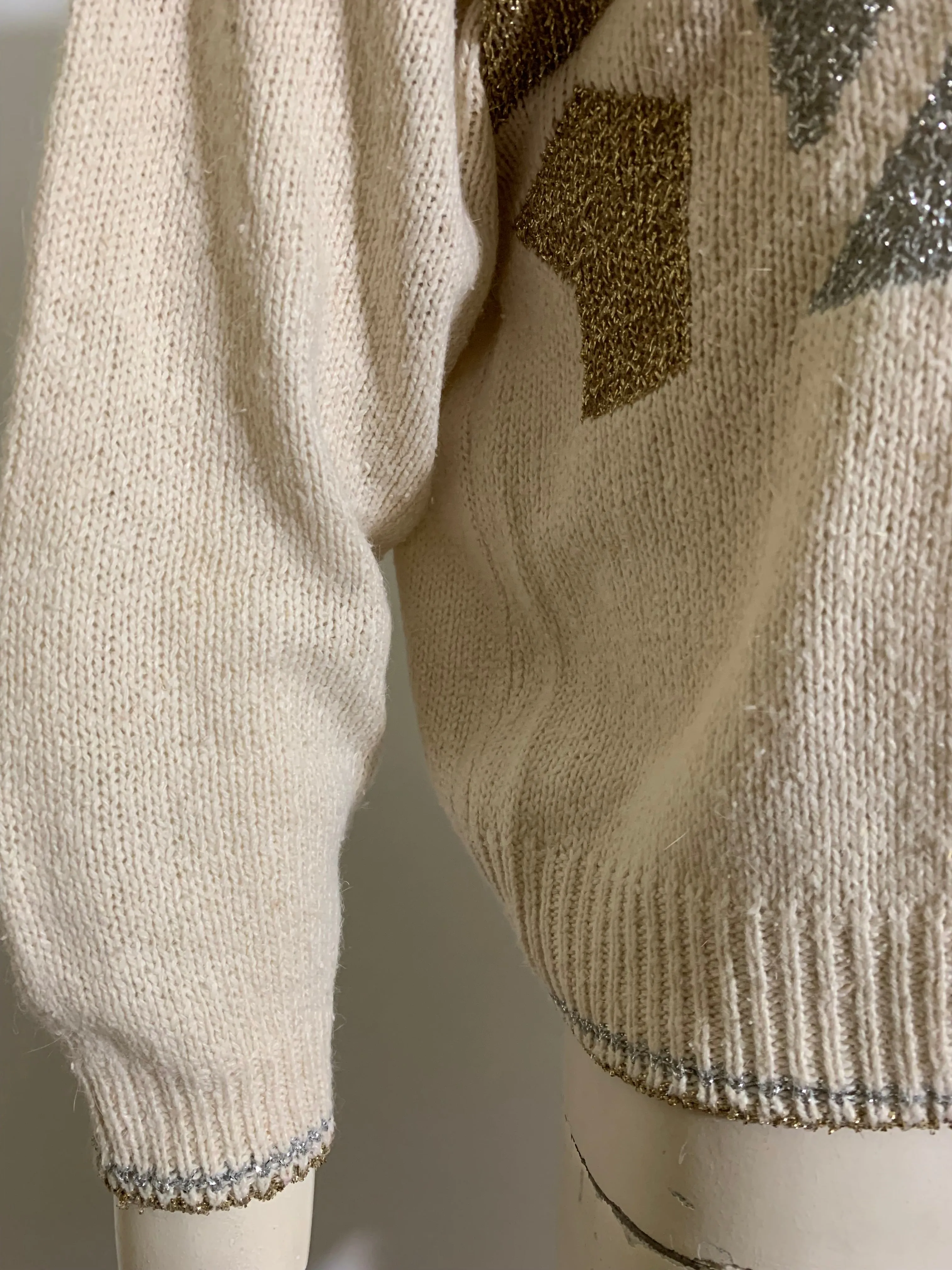 Angora Blend Sweater with Gold and Silver Metallic Geometric Design circa 1980s