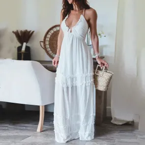 Chest Wrap Halter Ruffles Trim Maxi Boho Dress