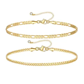 Dainty 14k Gold Plated Layering Anklets Bracelets Set-Figaro & 3mm cuban