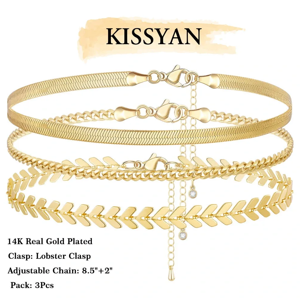 Dainty 14k Gold Plated Layering Anklets Bracelets Set-Fishbone & 3mm Cuban & Snake