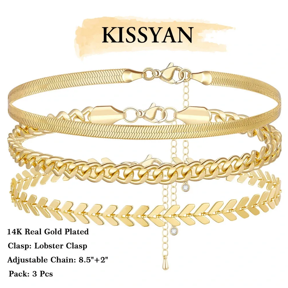 Dainty 14k Gold Plated Layering Anklets Bracelets Set- Fishbone & 6mm Cuban & Snake