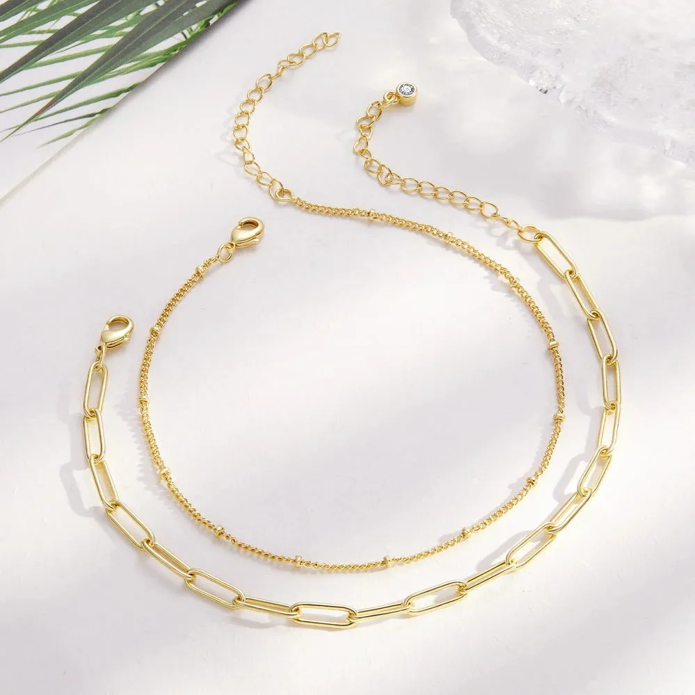 Dainty 14k Gold Plated Layering Anklets Bracelets Set- Paperclip & Satellite