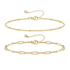 Dainty 14k Gold Plated Layering Anklets Bracelets Set- Paperclip & Satellite