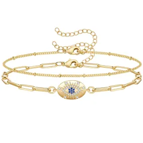 Dainty 14k Gold Plated Layering Evil Eye Anklets Set- Oval Evil Eye Satellite