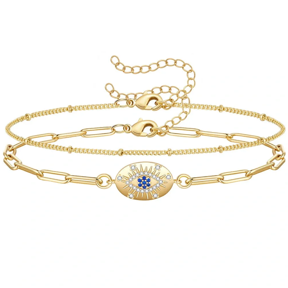 Dainty 14k Gold Plated Layering Evil Eye Anklets Set- Oval Evil Eye Satellite