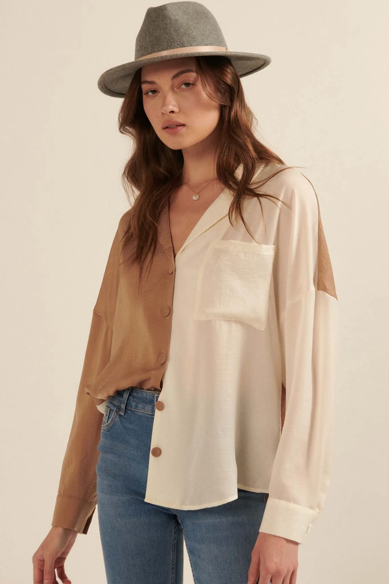 Double Trouble Colorblock Washed Satin Shirt