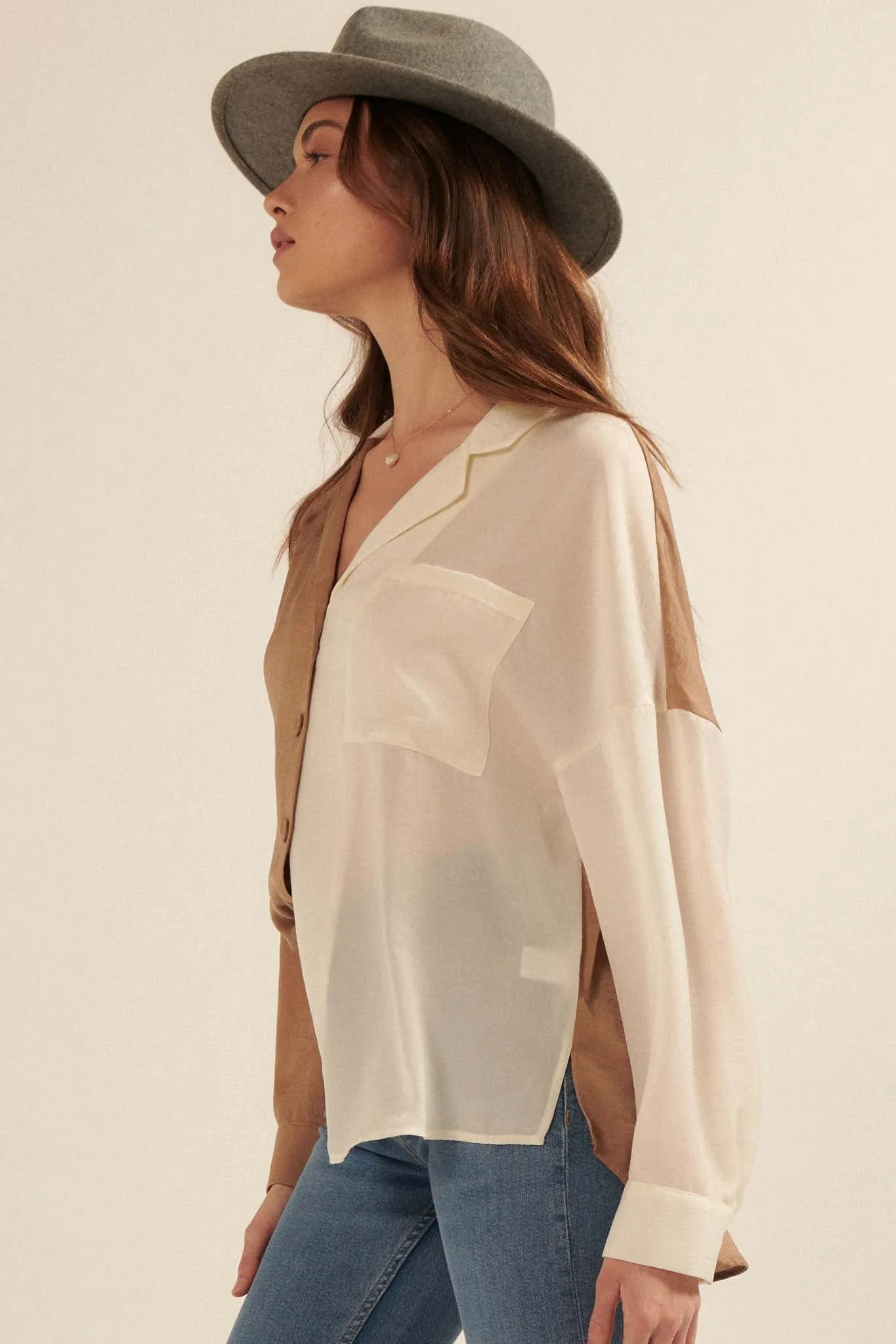 Double Trouble Colorblock Washed Satin Shirt