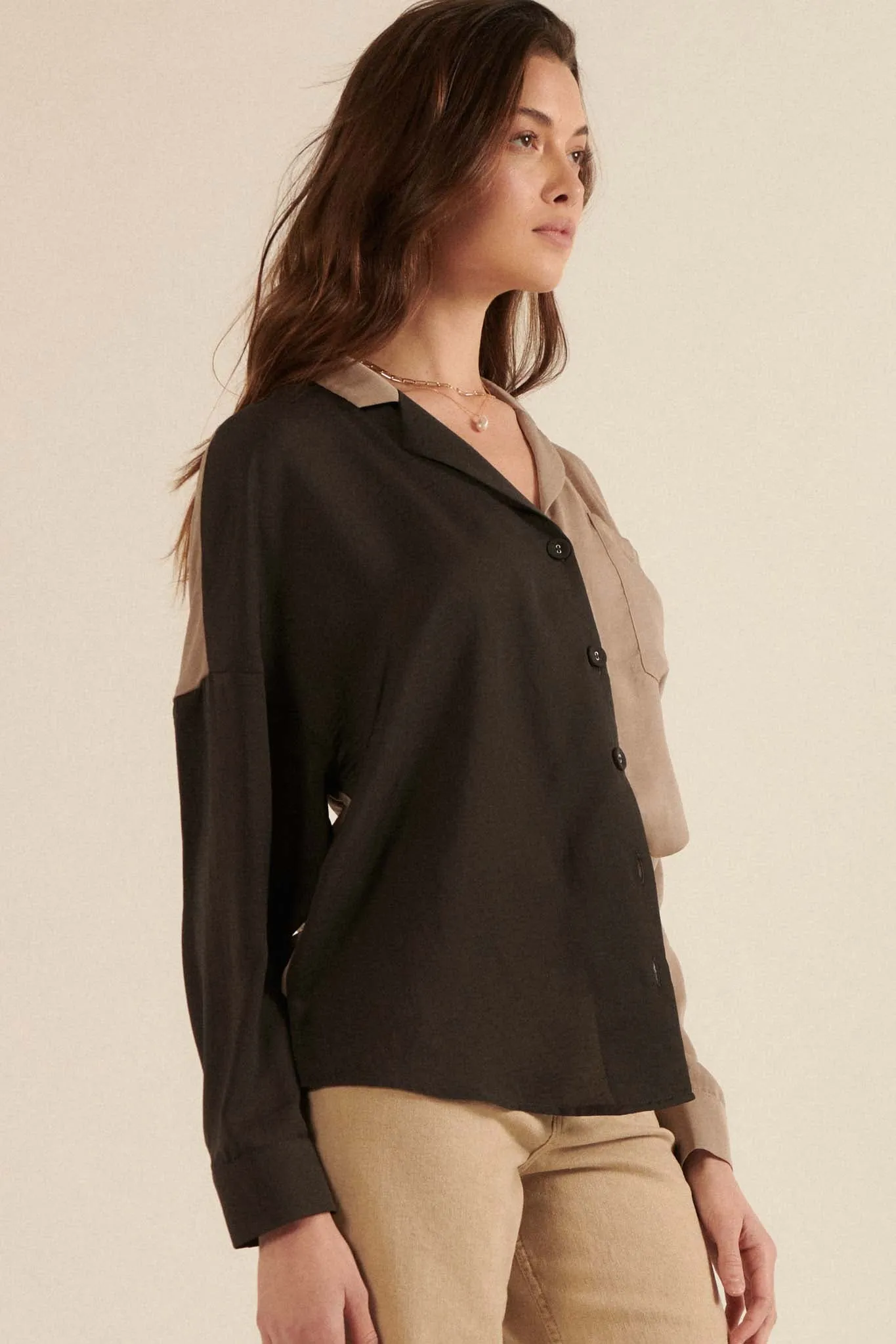 Double Trouble Colorblock Washed Satin Shirt