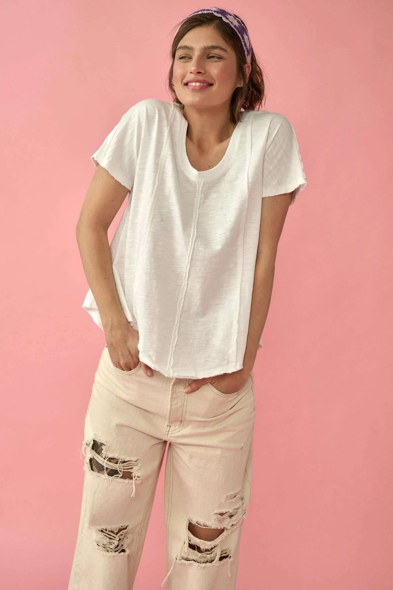 Easy Fit Vintage-Wash Slub Cotton Exposed-Seam Tee