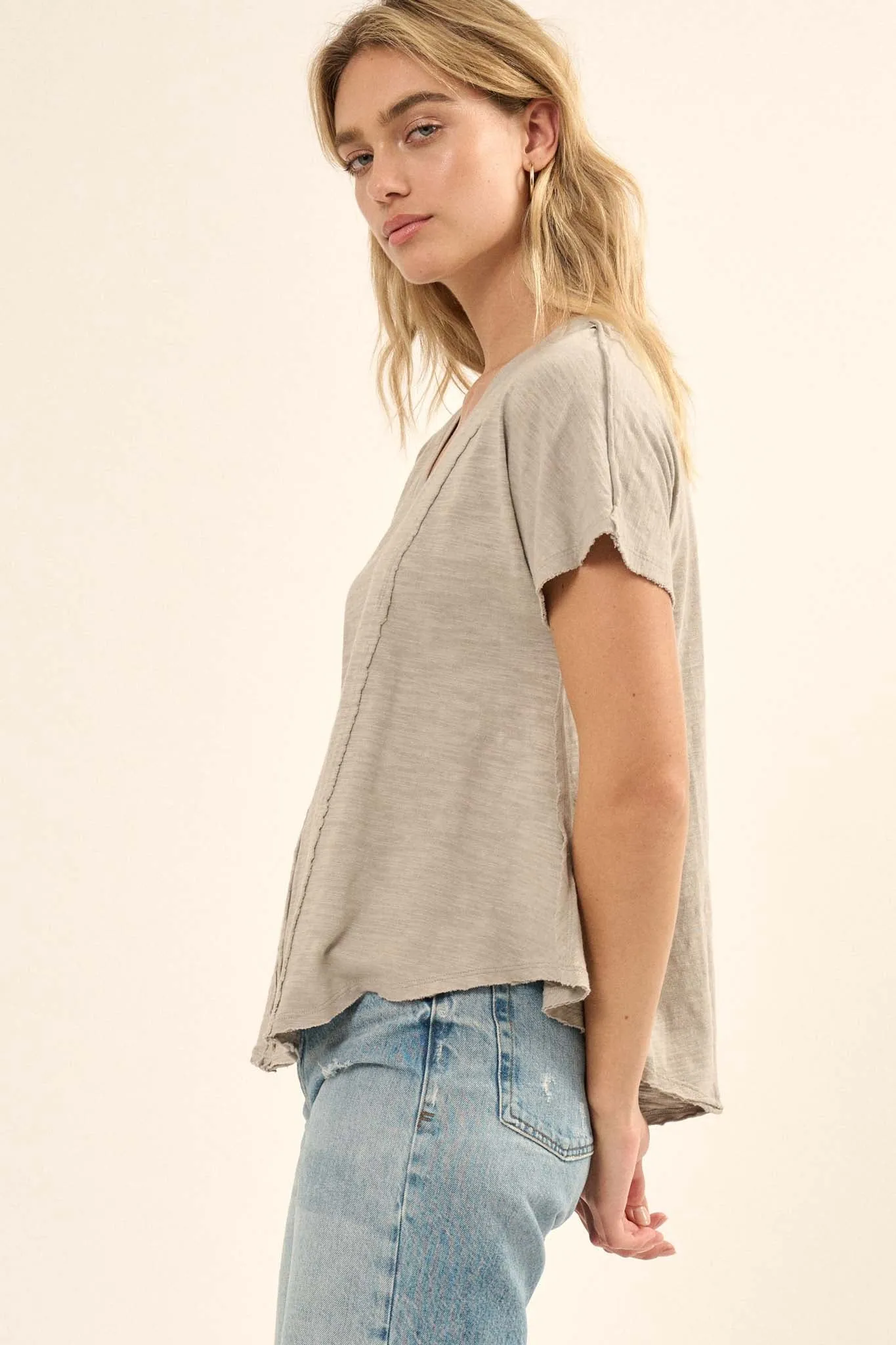 Easy Fit Vintage-Wash Slub Cotton Exposed-Seam Tee