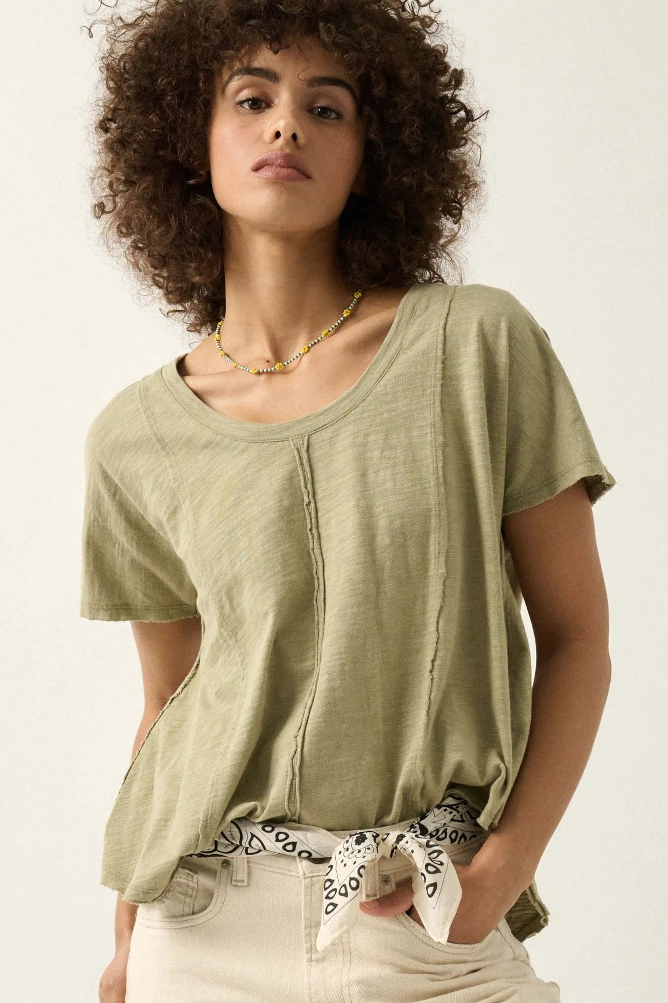 Easy Fit Vintage-Wash Slub Cotton Exposed-Seam Tee