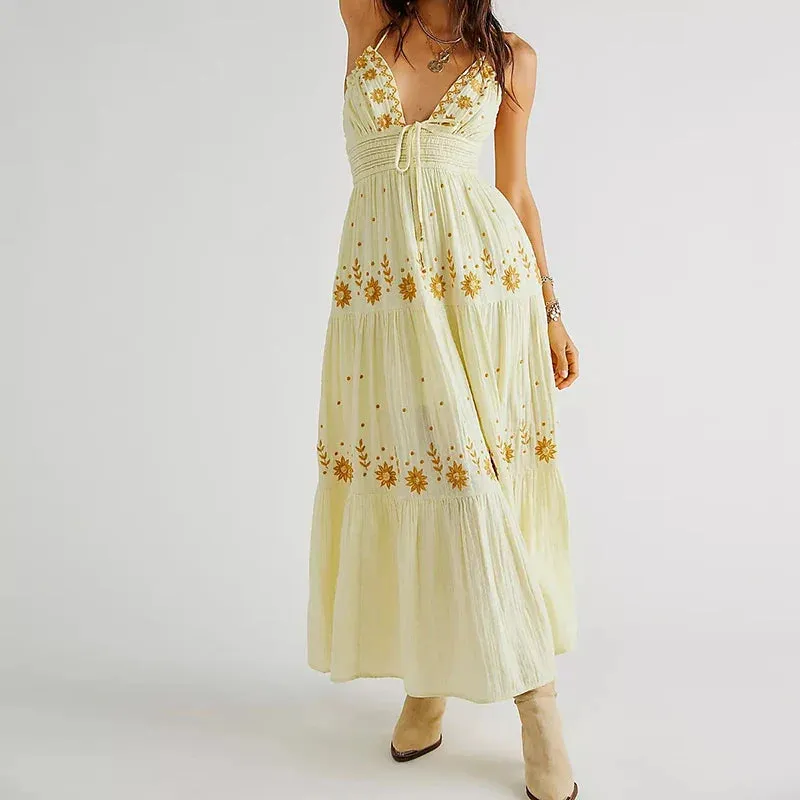 Embroidery V Neck Backless Halter Long Club Party Holiday Boho Dress