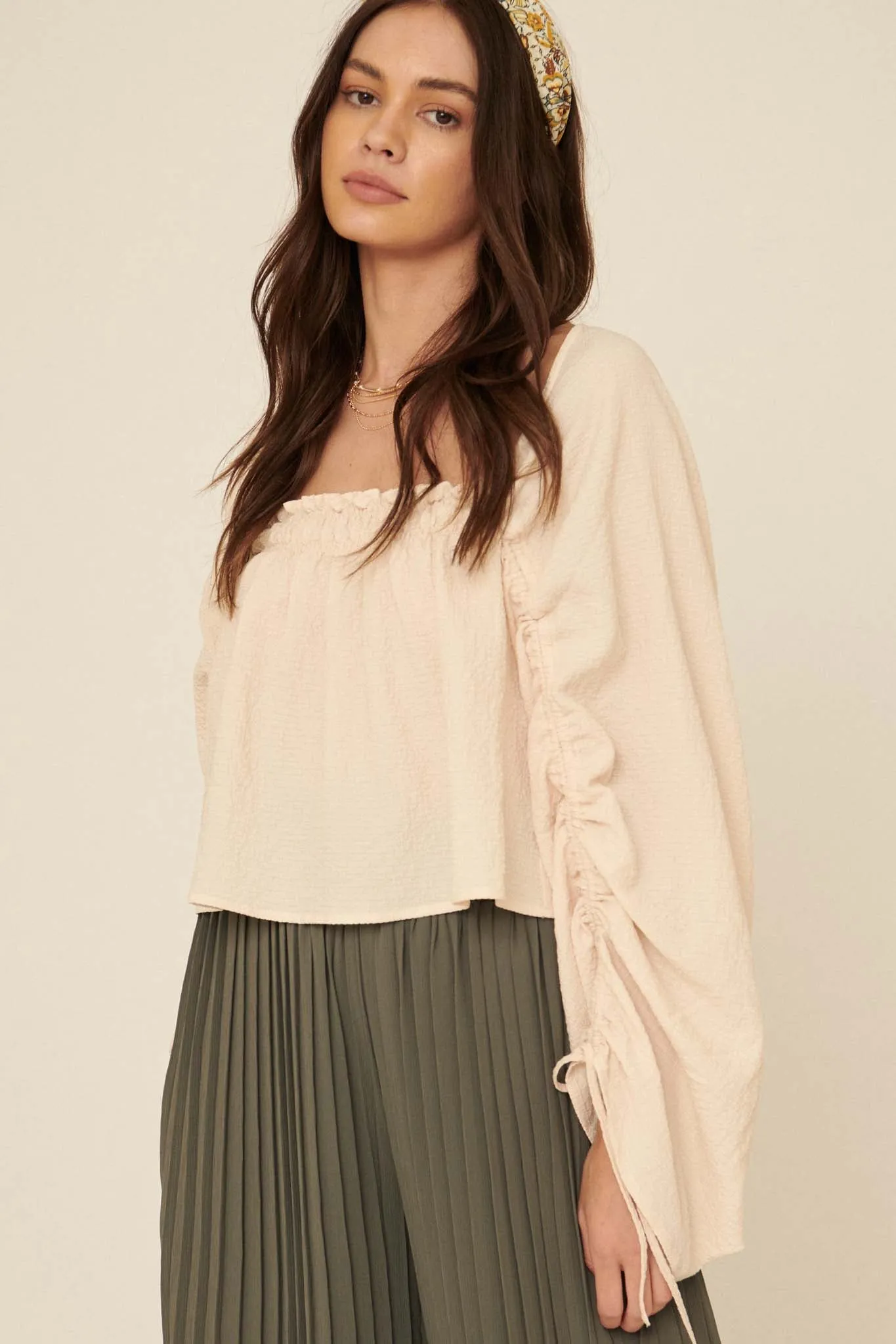 Fair Maiden Textured Drawstring Peasant Blouse