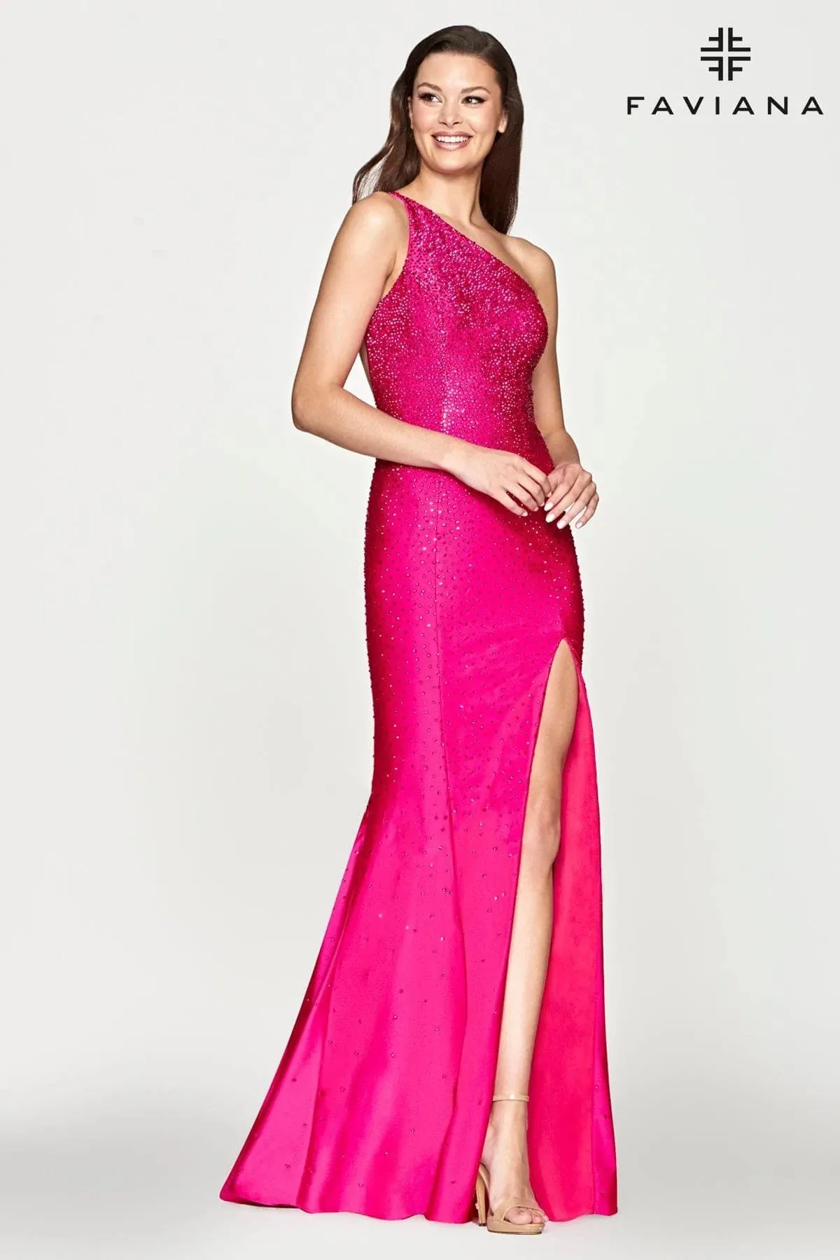 Faviana S10632 One Shoulder Heat Stone Gown | Hot Pink, Navy, Red, Black