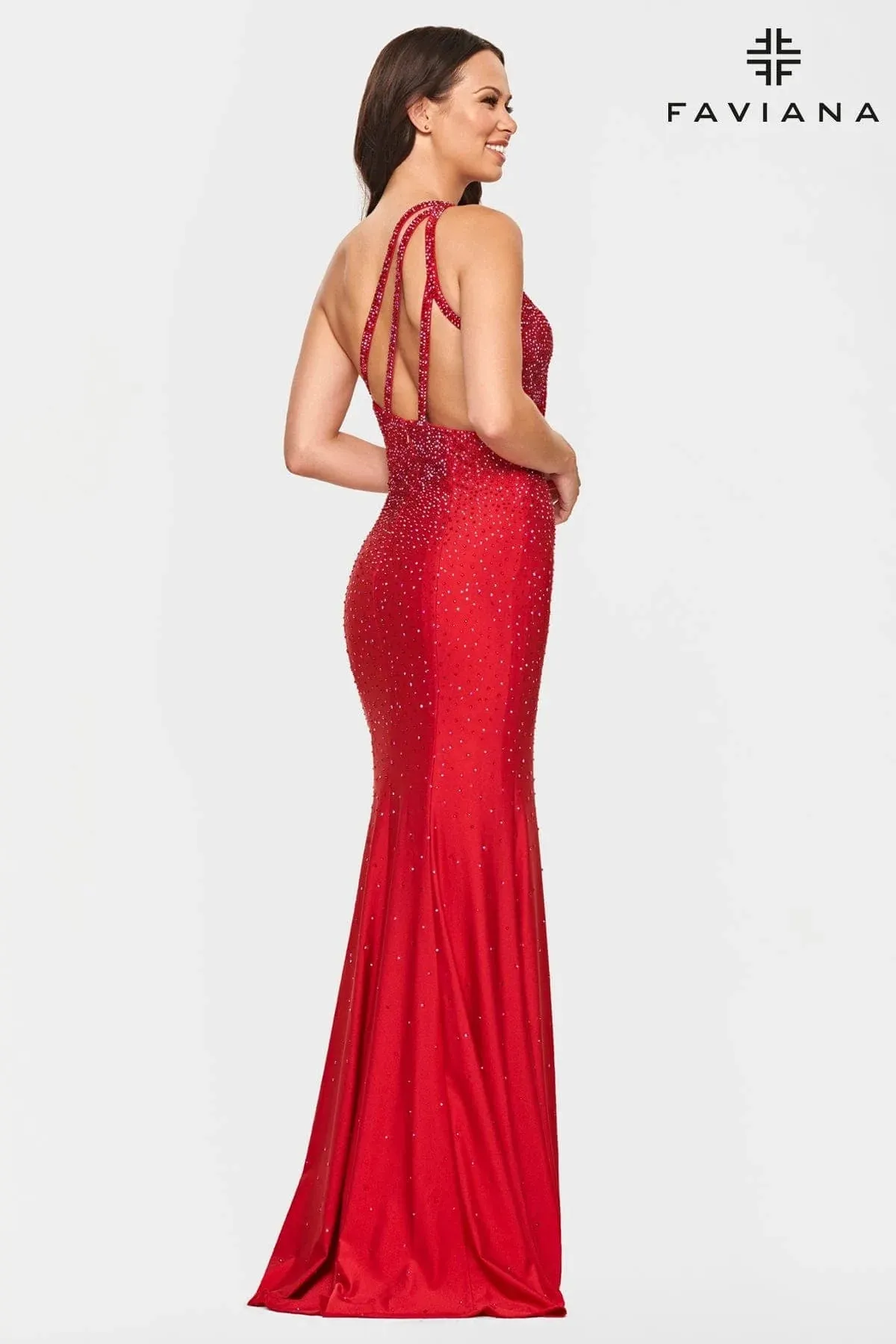 Faviana S10632 One Shoulder Heat Stone Gown | Hot Pink, Navy, Red, Black