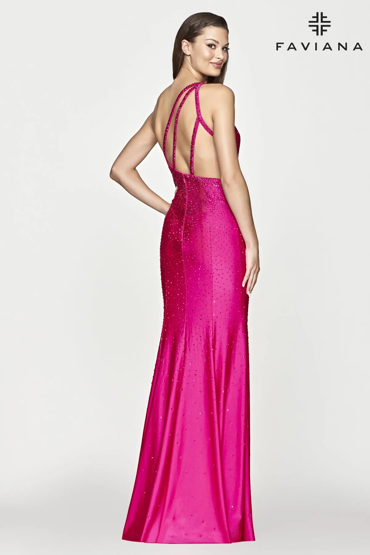 Faviana S10632 One Shoulder Heat Stone Gown | Hot Pink, Navy, Red, Black