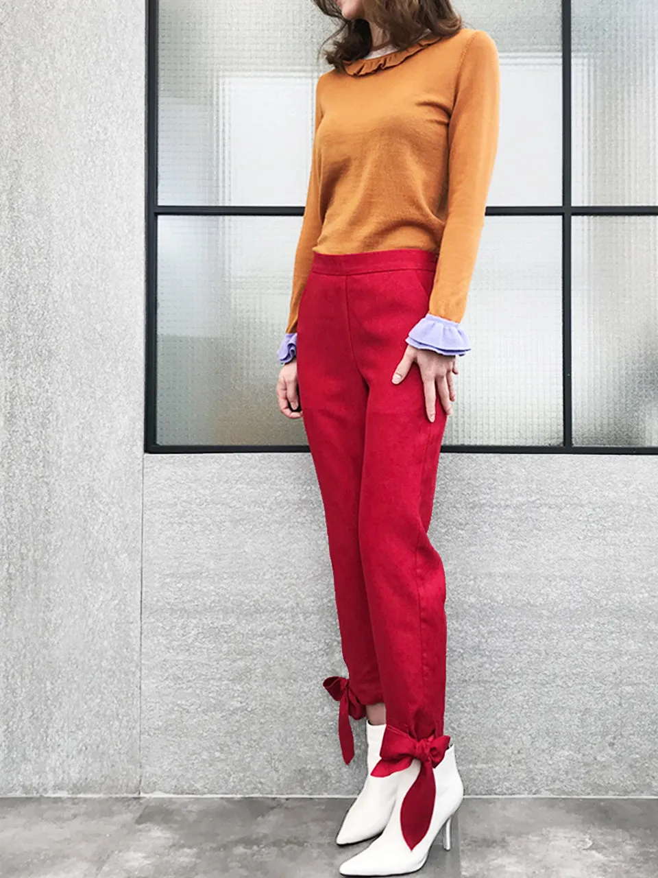 Final Sale! Red Tie Bow Detail Stretch Ankle Trousers