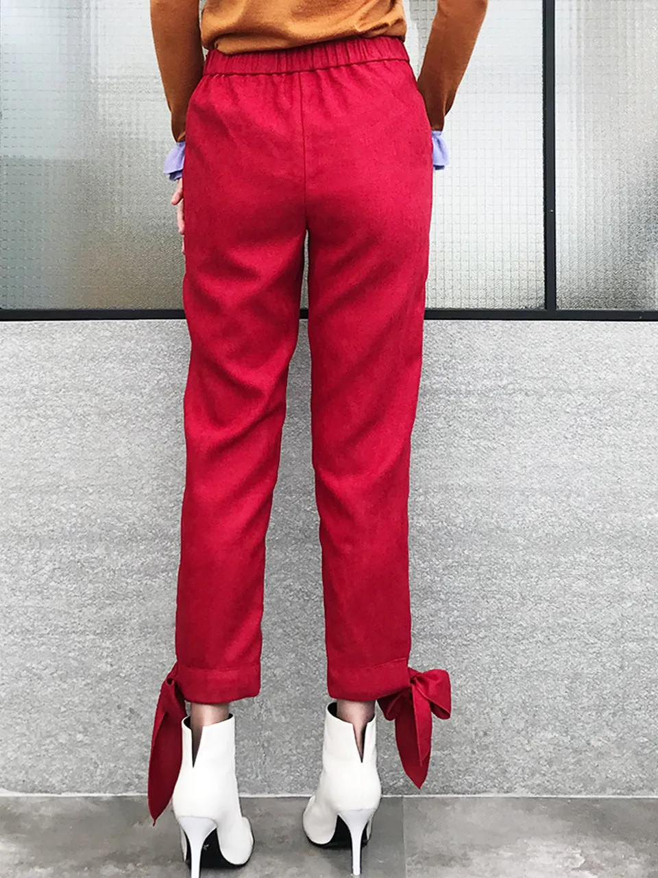 Final Sale! Red Tie Bow Detail Stretch Ankle Trousers