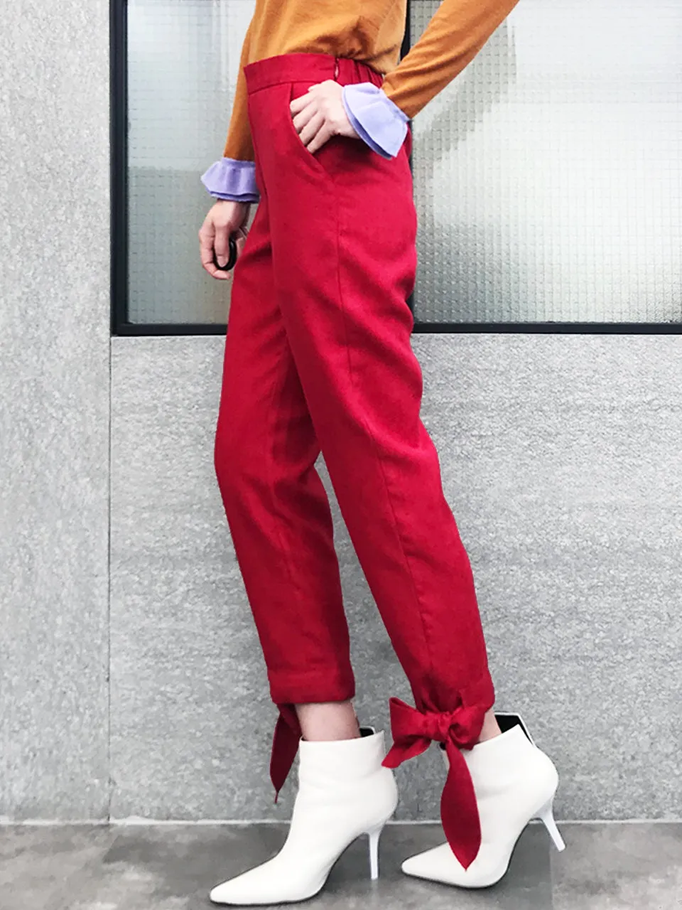 Final Sale! Red Tie Bow Detail Stretch Ankle Trousers