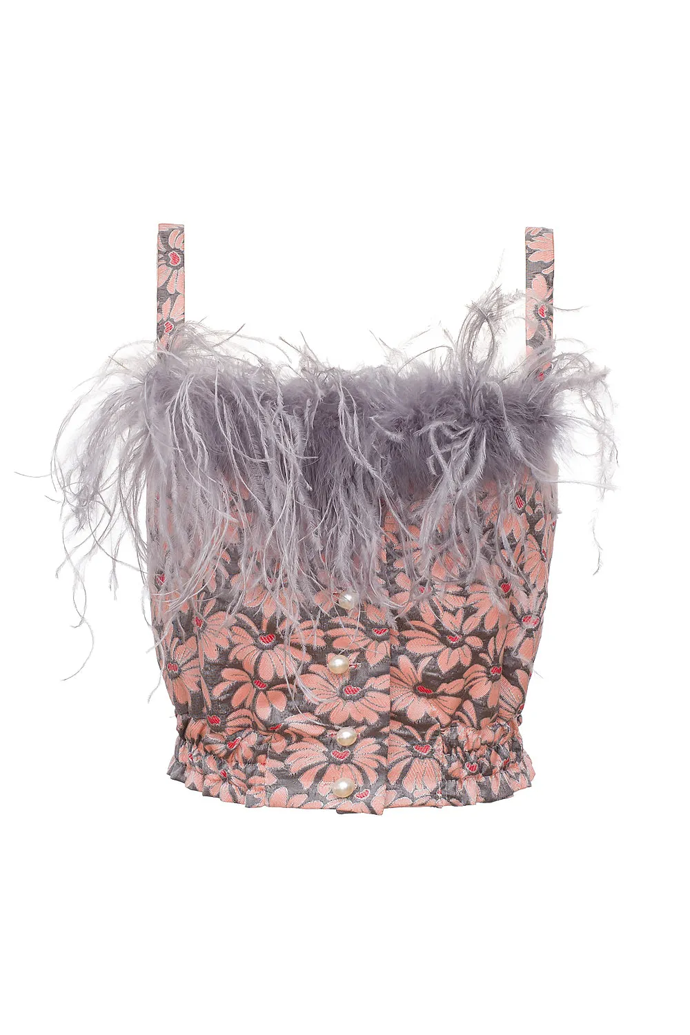 Grey flower top with feather details and pearl buttons