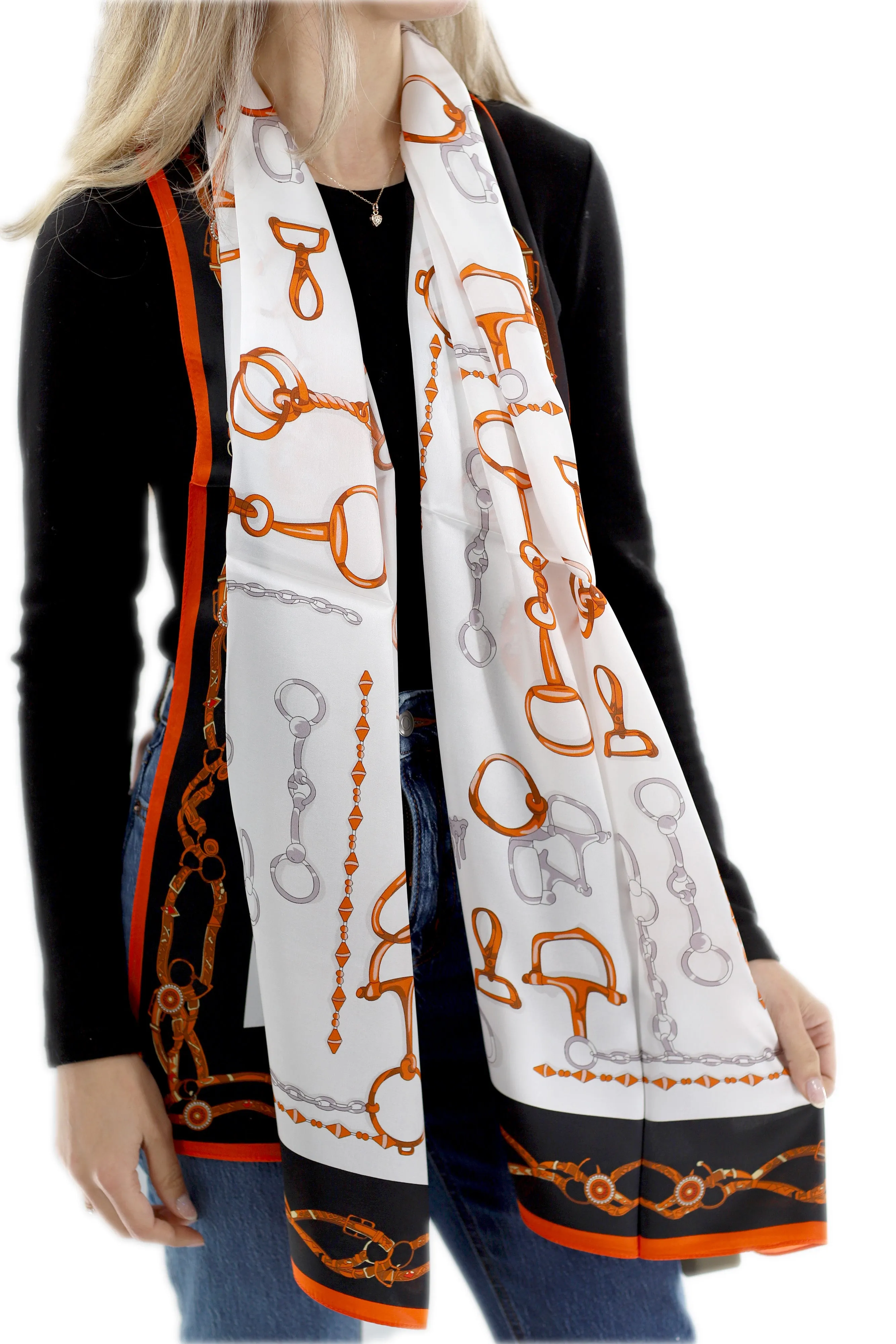 Iconic 100% Silk Chain Print Scarf - Orange - One Size (38x30in)