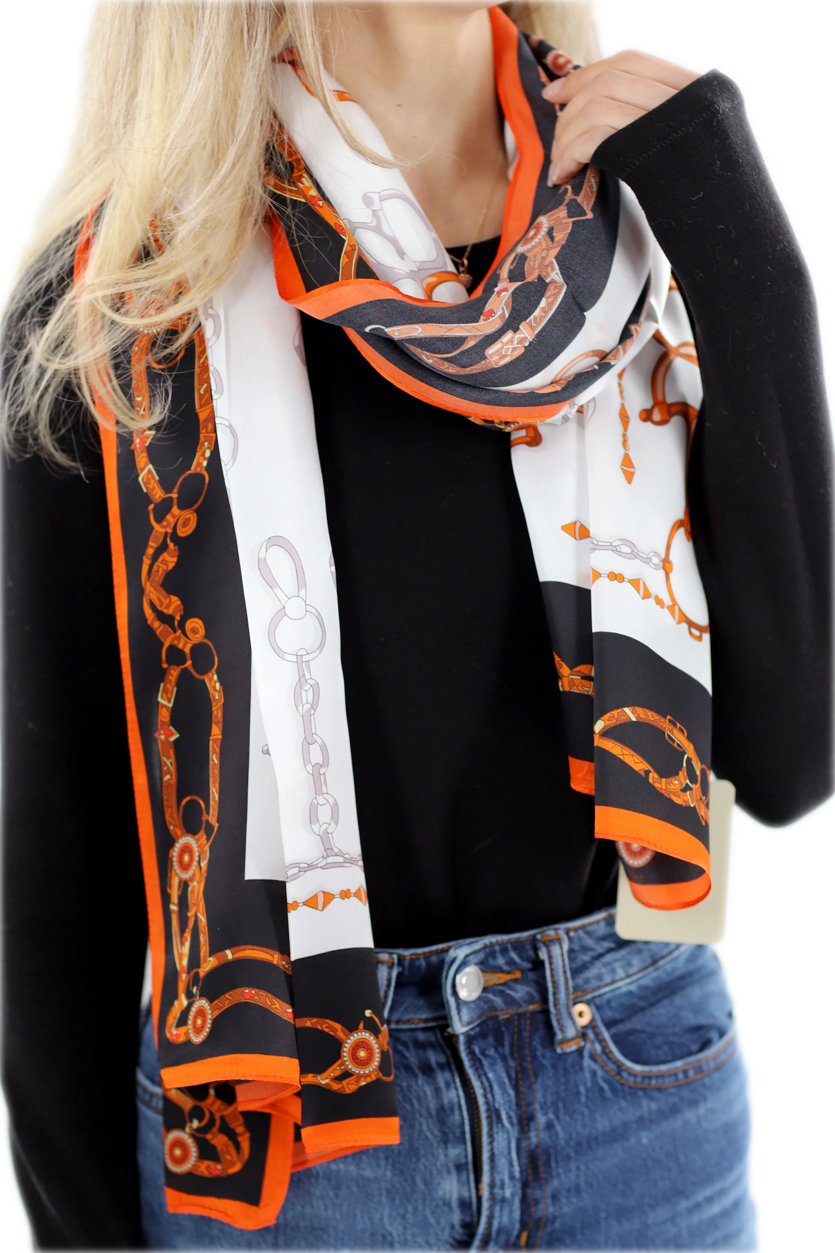 Iconic 100% Silk Chain Print Scarf - Orange - One Size (38x30in)