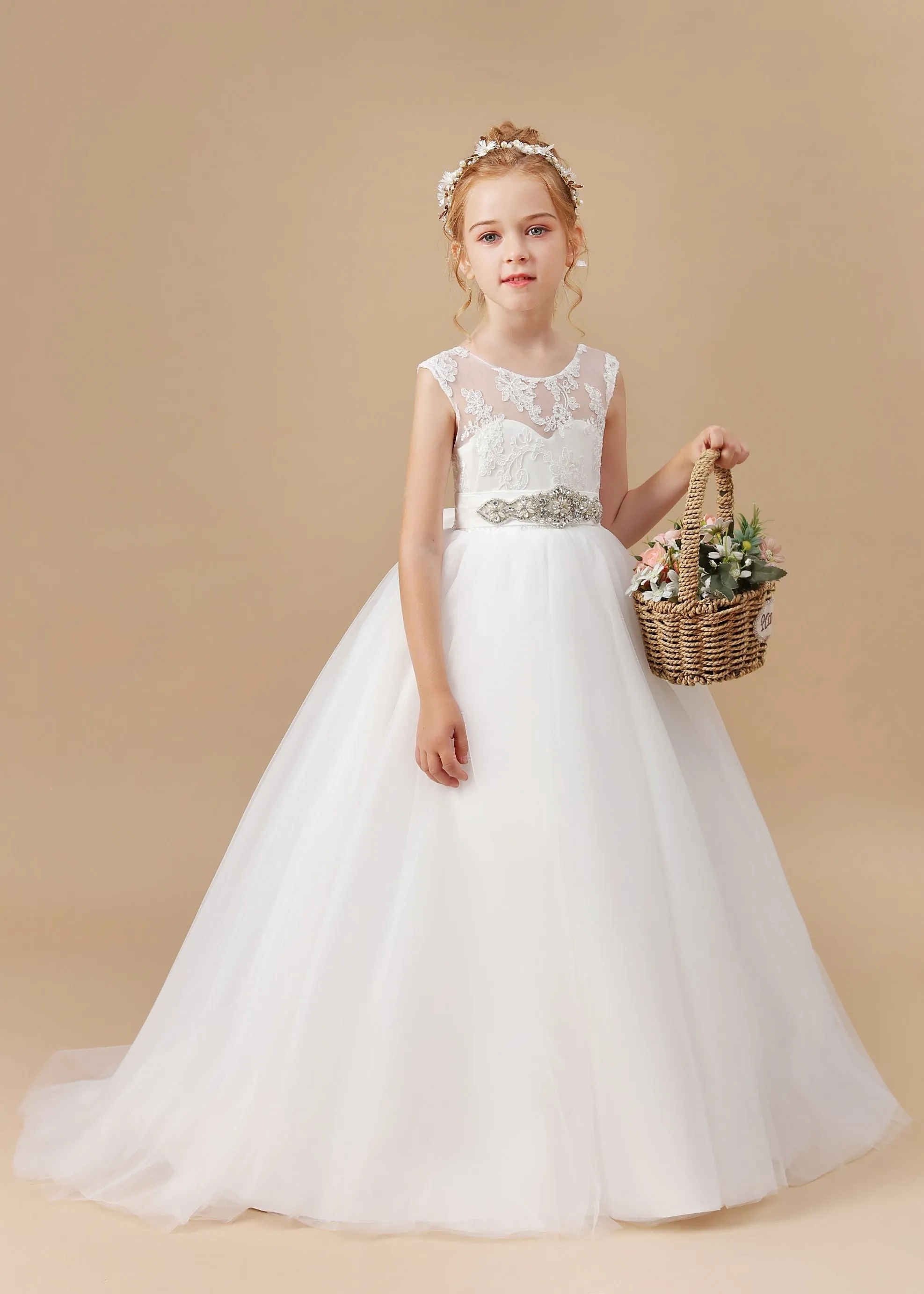 Ivory Rhinestones Sash Bowknot Tulle Flower Girl Dresses