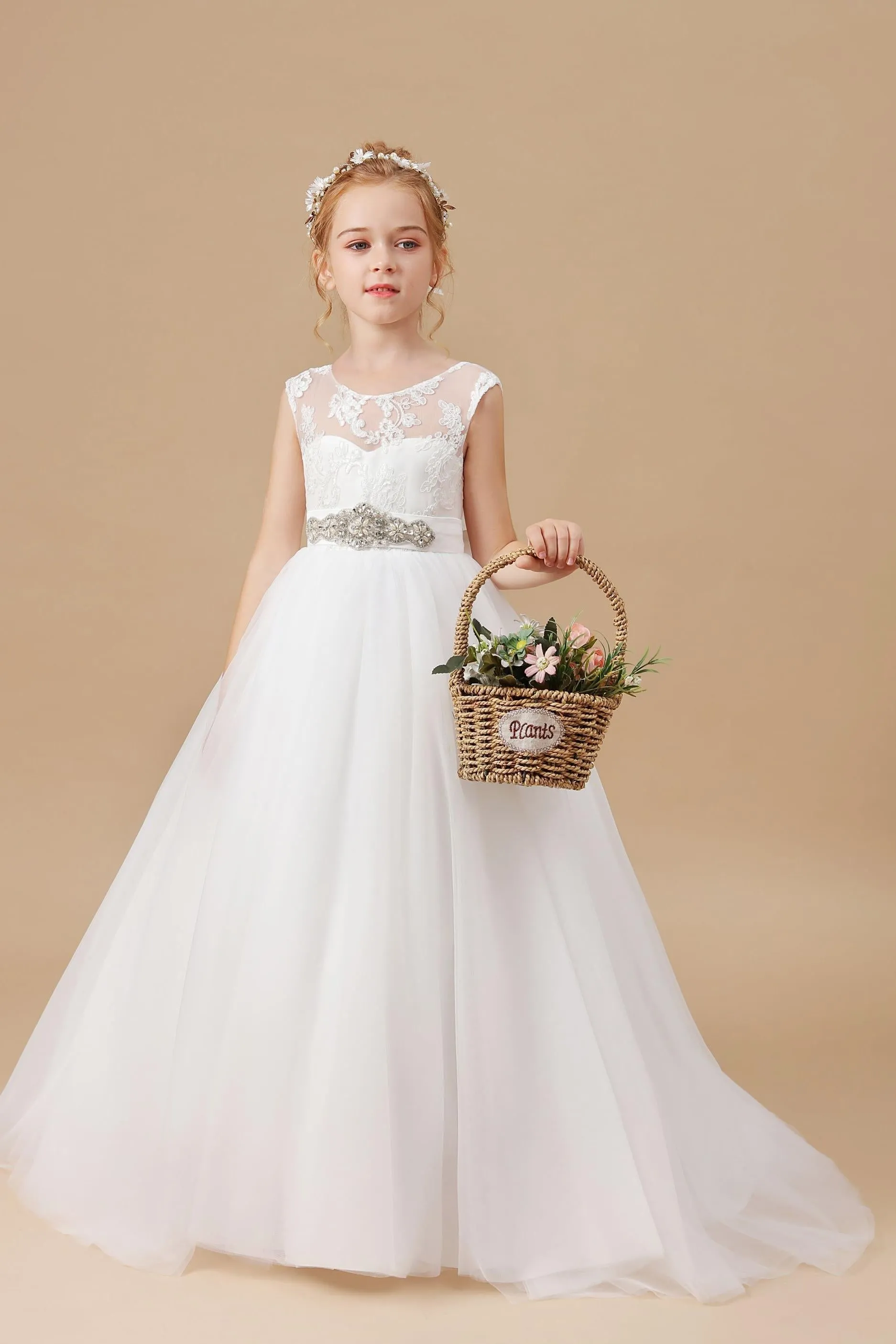 Ivory Rhinestones Sash Bowknot Tulle Flower Girl Dresses