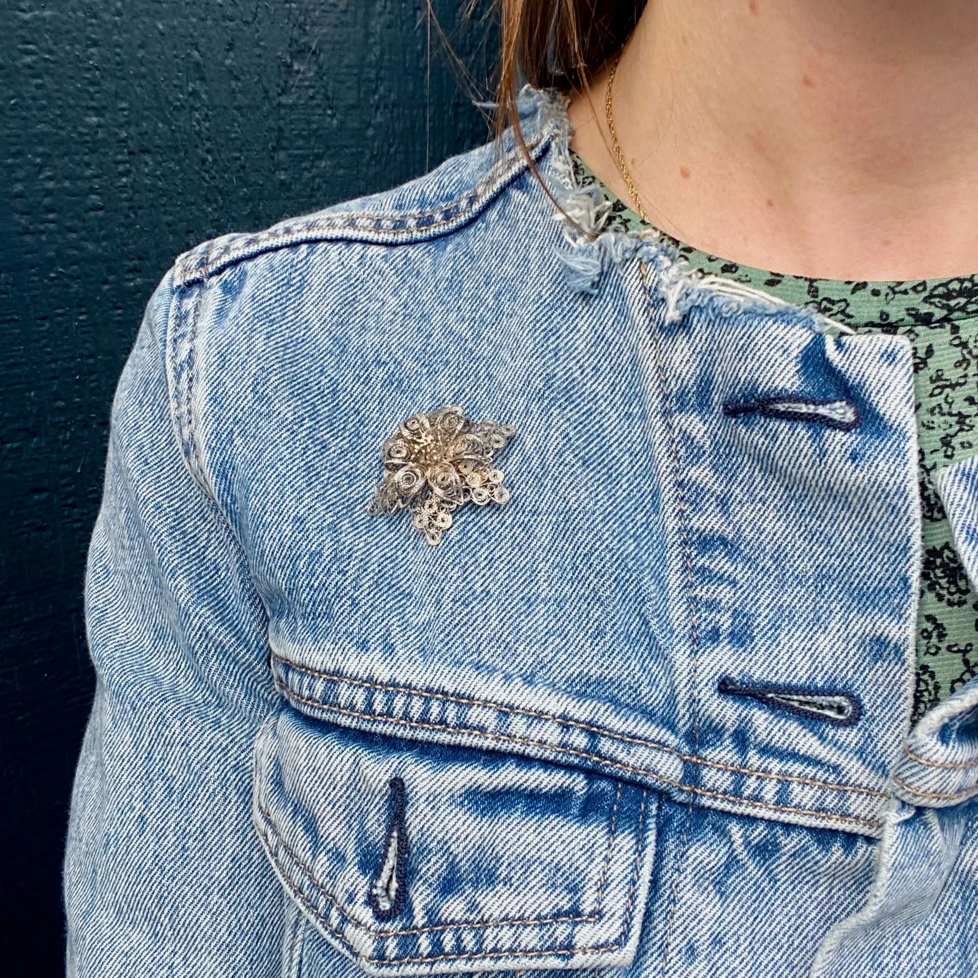 Lacy Silver Filigree Flower Brooch