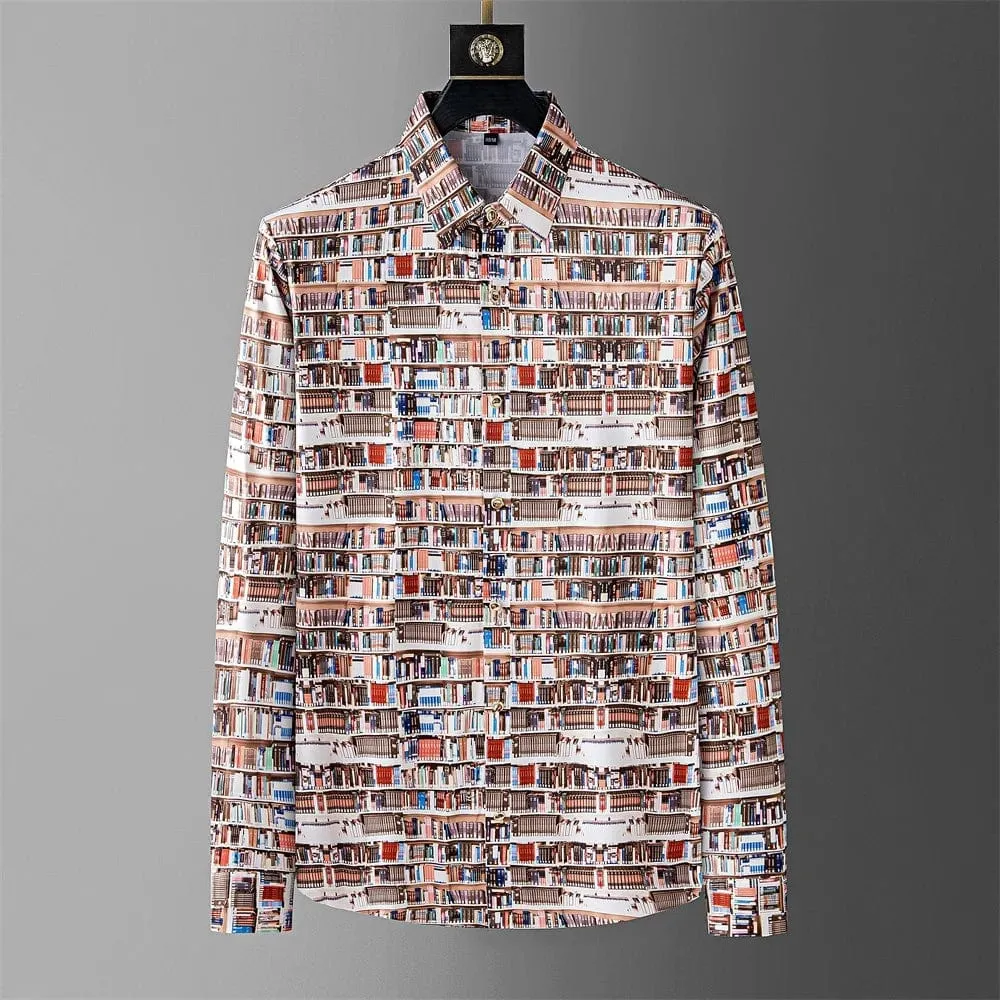 Multi-Colour Bookshelf Printed Long Sleeve Men's Shirt: Casual Fashion for Social Events and Streetwear