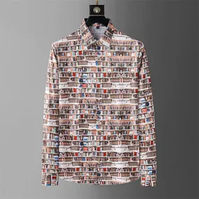 Multi-Colour Bookshelf Printed Long Sleeve Men's Shirt: Casual Fashion for Social Events and Streetwear