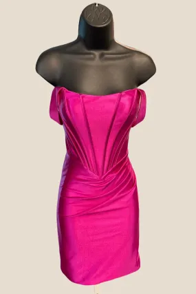 Off the Shoulder Hot Pink Ruched Tight Short Dress