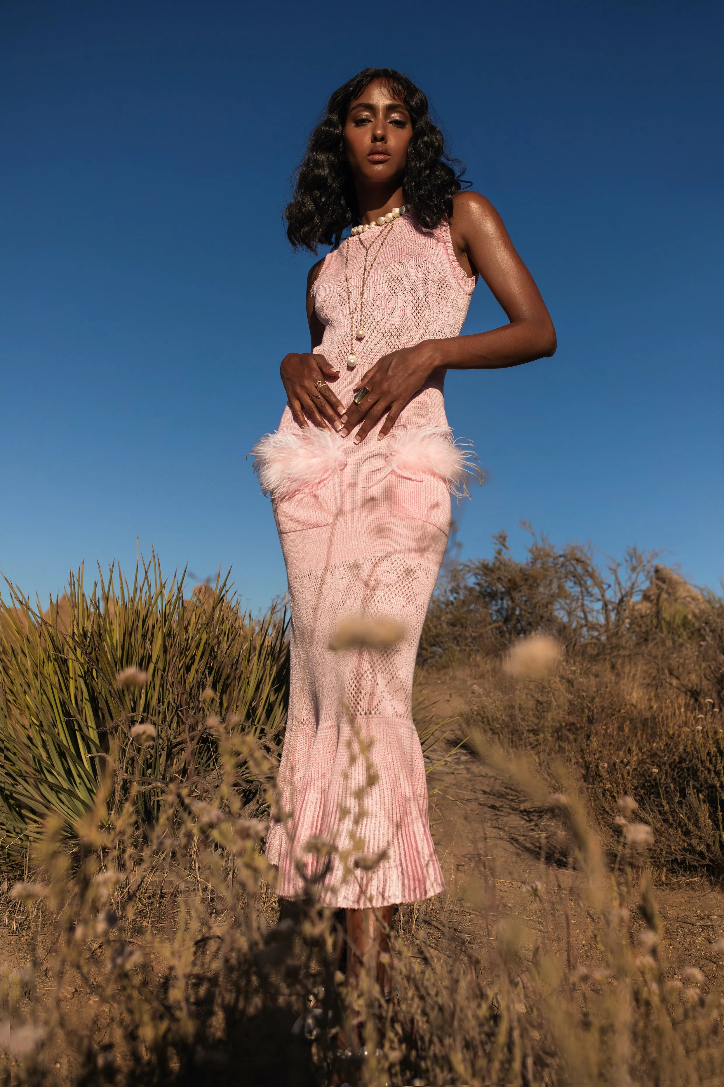 Pink Rose Knit Dress With Feathers