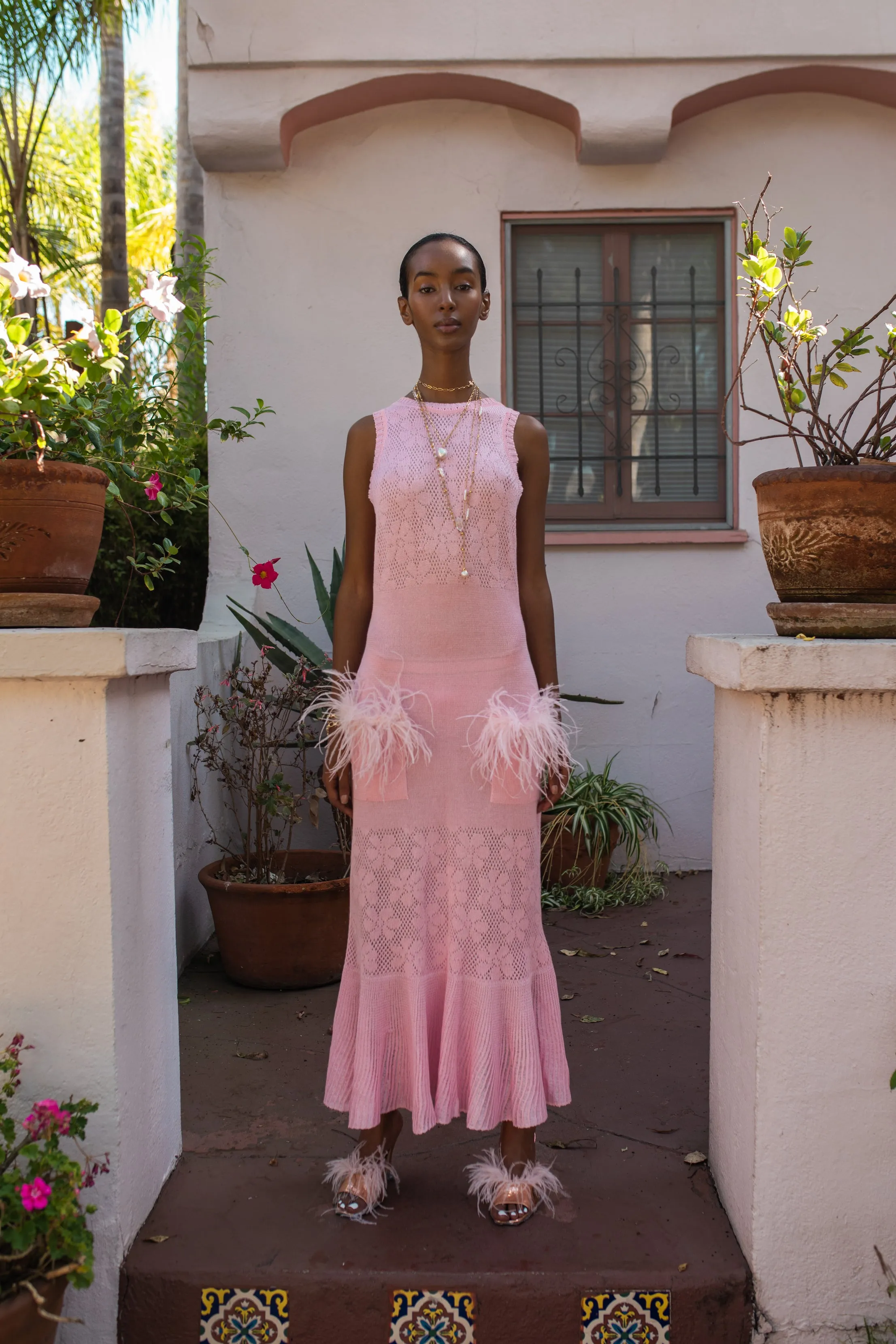 Pink Rose Knit Dress With Feathers