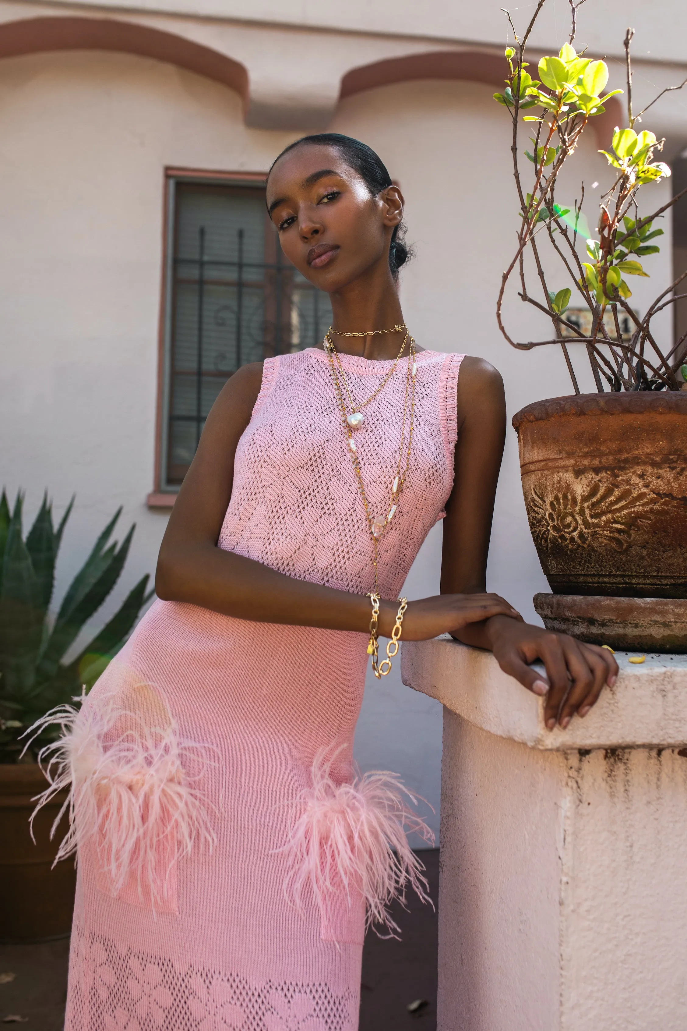 Pink Rose Knit Dress With Feathers