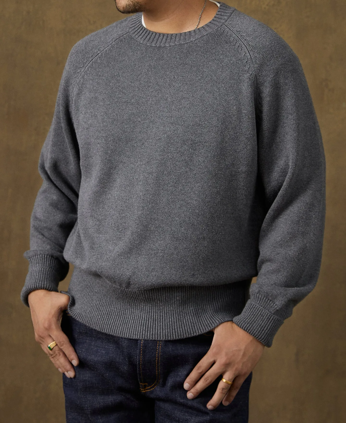 Pullover Crew Neck Cotton&Wool Knit Sweater - Light Gray