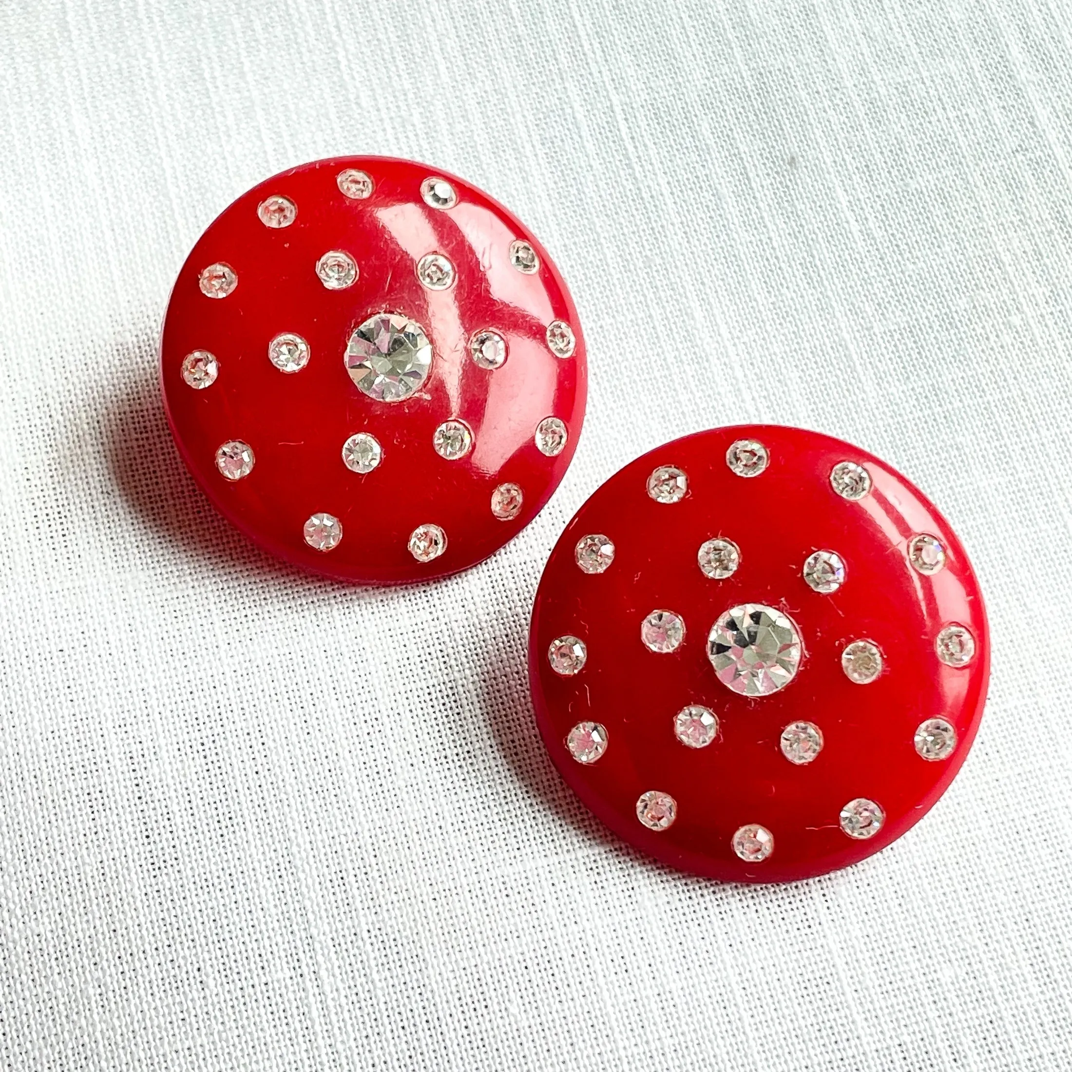 Red Earrings Lucite/Plastic Earrings   Rhinestones