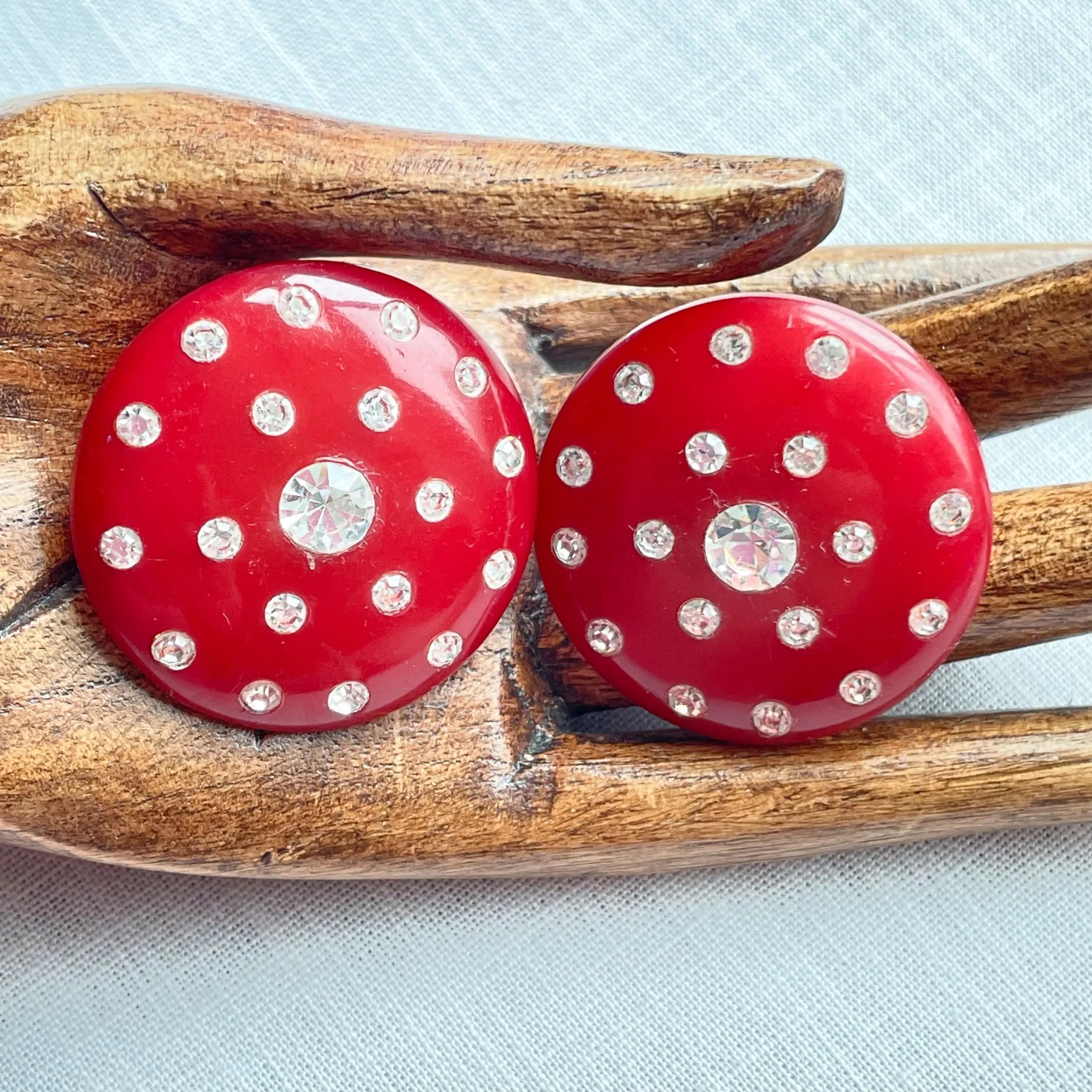 Red Earrings Lucite/Plastic Earrings   Rhinestones